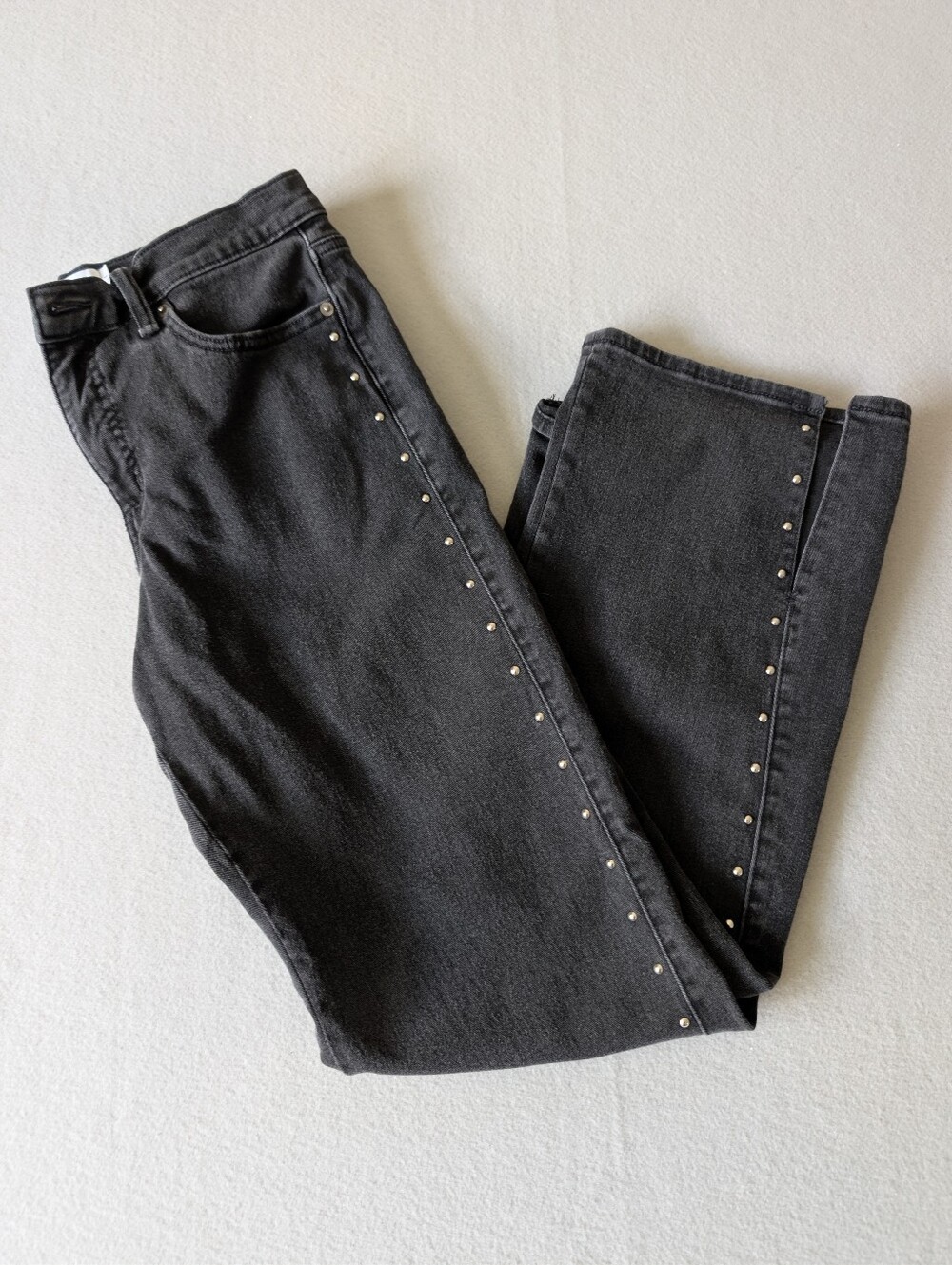Women's Studded Split Hem Relaxed Straight Black Denim High Rise Jeans Sz 4 image 2